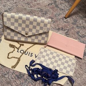 Louis Vuitton Damier Azur Crossbody Chain Wallet in Cream and Pink